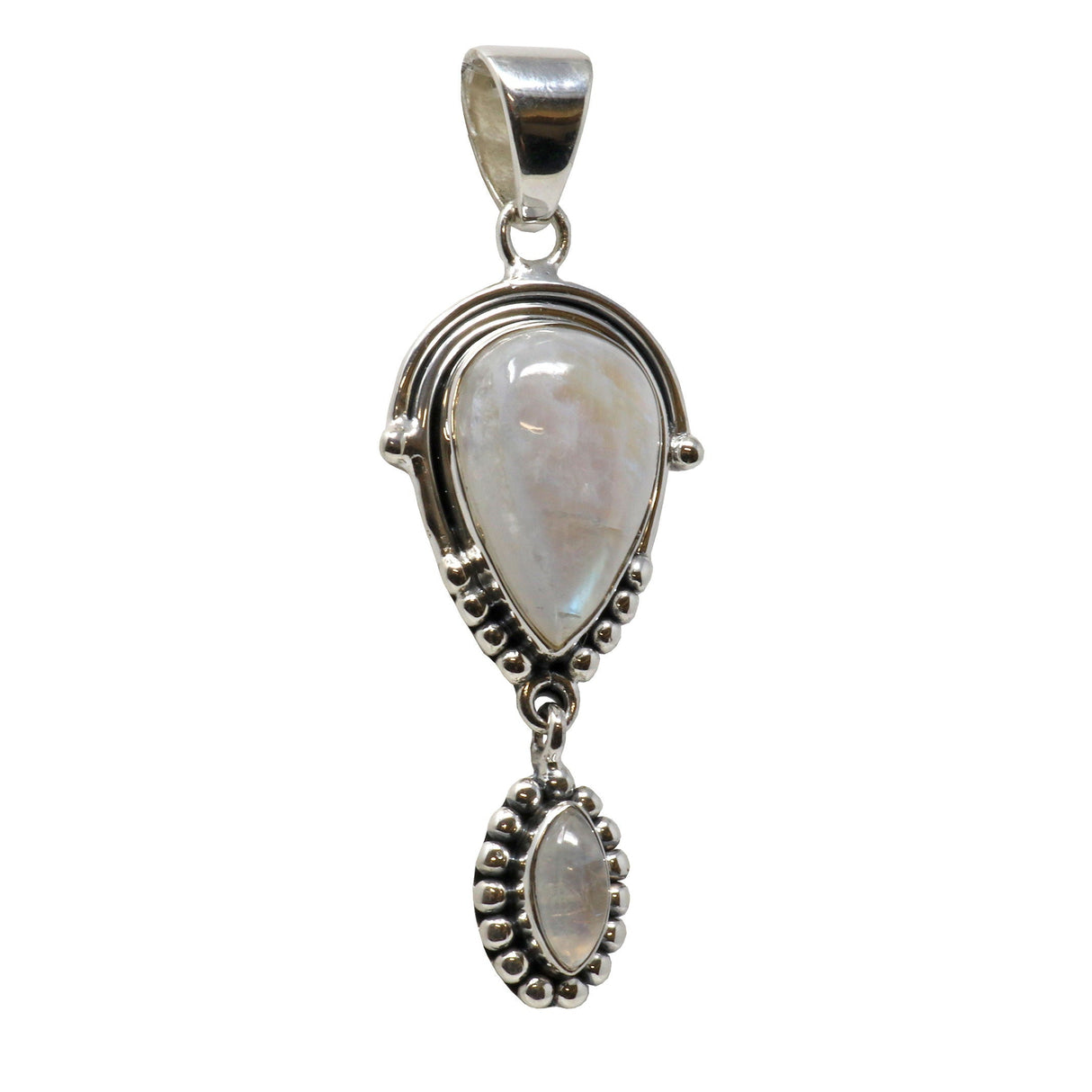 Rainbow Moonstone Pendant - Reverse Pear with Studded Bezel with Sharp Oval