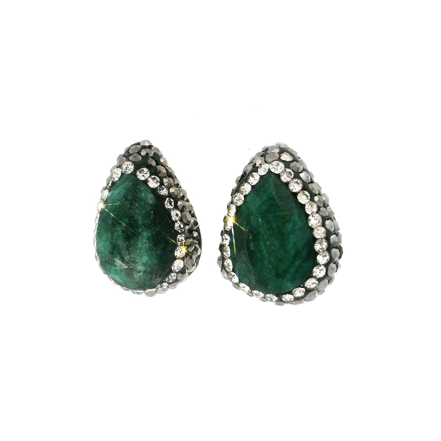 Emerald Stud Earrings - Faceted Pear with Marcasite & Silver Swarovski Crystals in 925 Sterling Silver