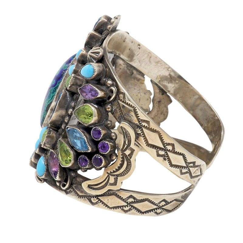 Leo Feeney Botryoidal Malachite-Azurite Cuff Bracelet with Sleeping Beauty Turquoise, Peridot, Blue Topaz, Green Turquoise & Amethyst