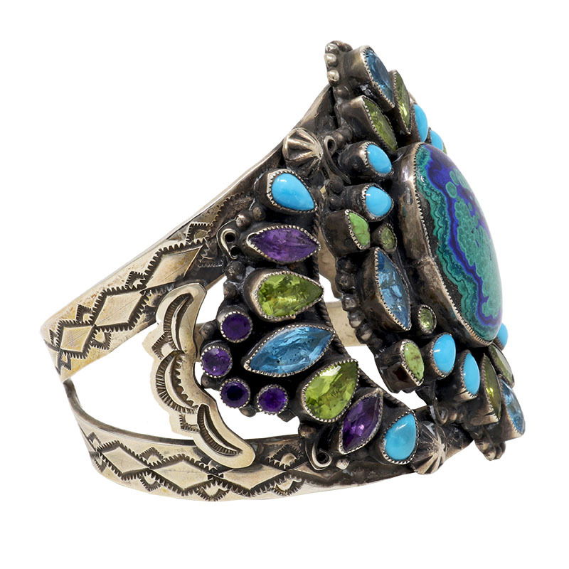 Leo Feeney Botryoidal Malachite-Azurite Cuff Bracelet with Sleeping Beauty Turquoise, Peridot, Blue Topaz, Green Turquoise & Amethyst