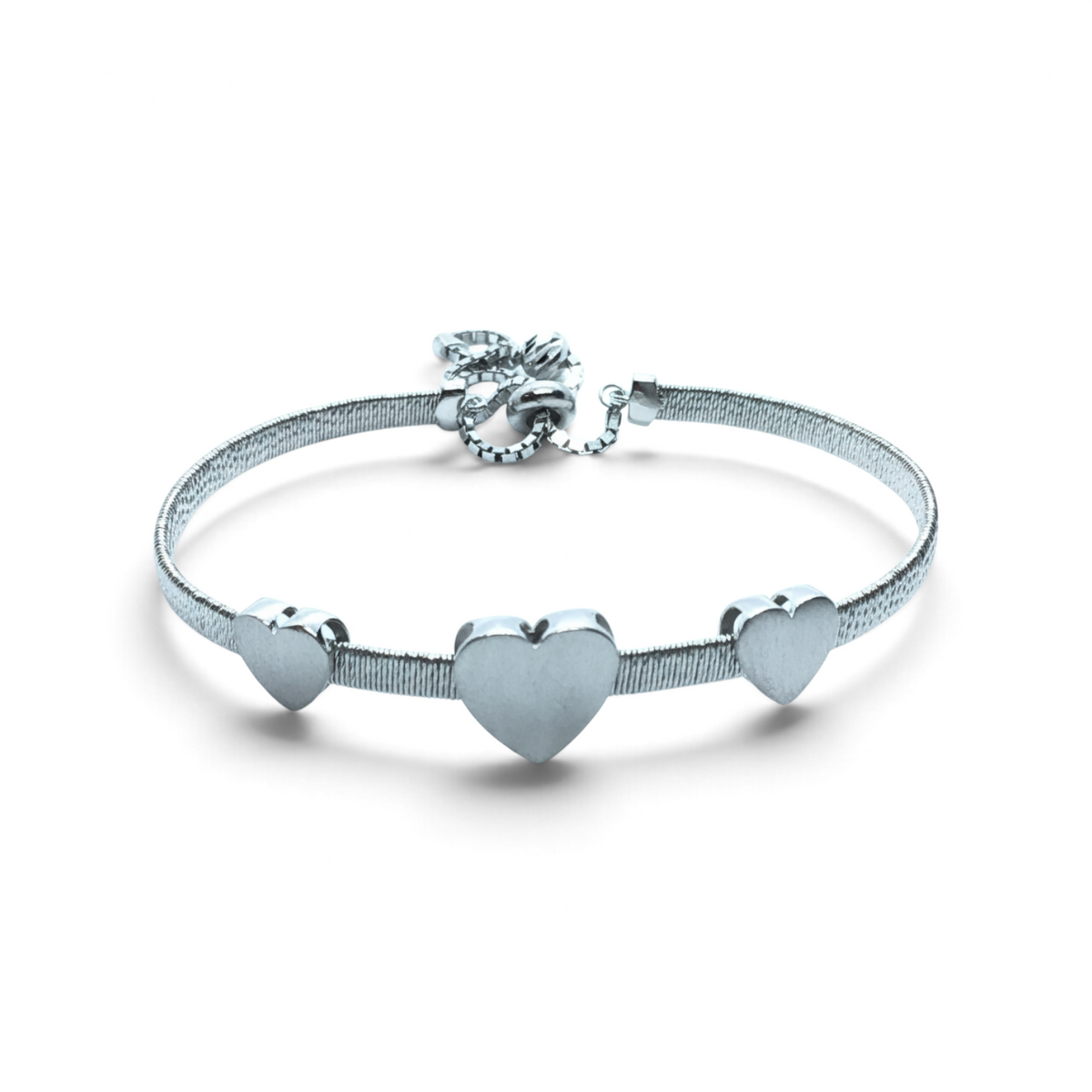 Rare Earth Gallery white gold plated adjustable bracelet featuring three hearts with a brushed texture finish