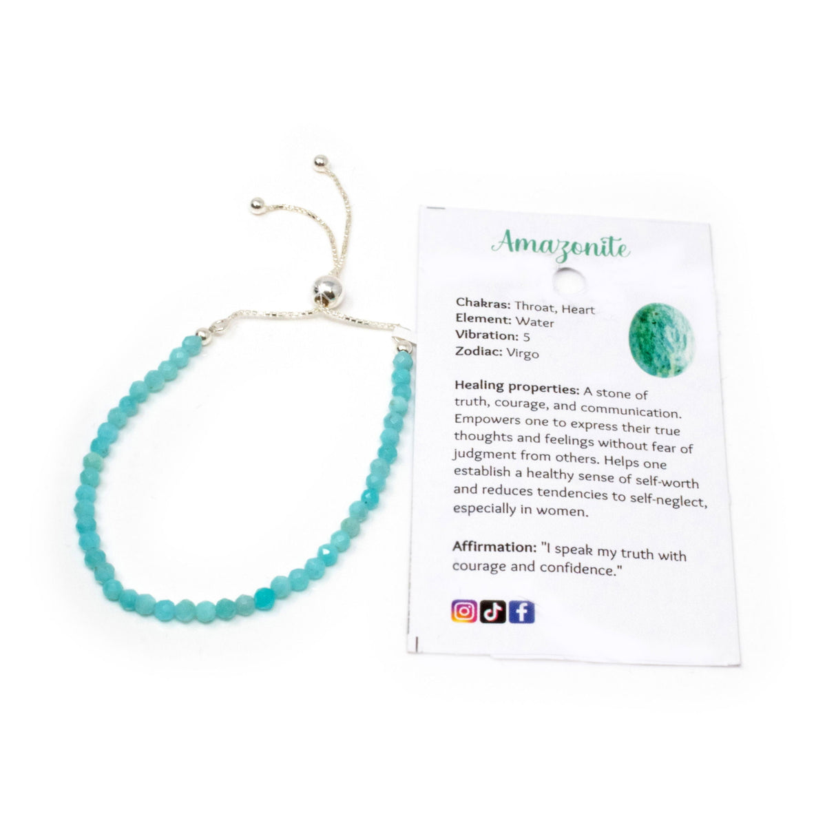 Amazonite Beaded Bracelet - Faceted Round Beads with 925 Sterling Silver Adjustable Ball & Chain