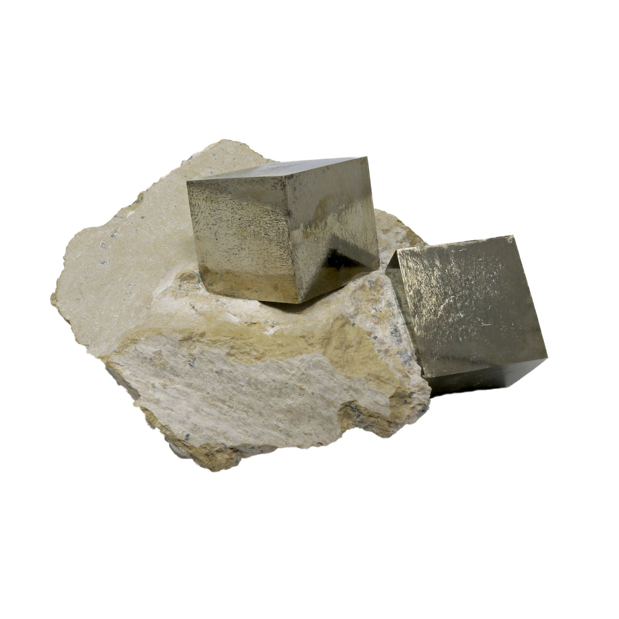 Cubic Pyrite Single Crystals in Matrix on Lucite Stand
