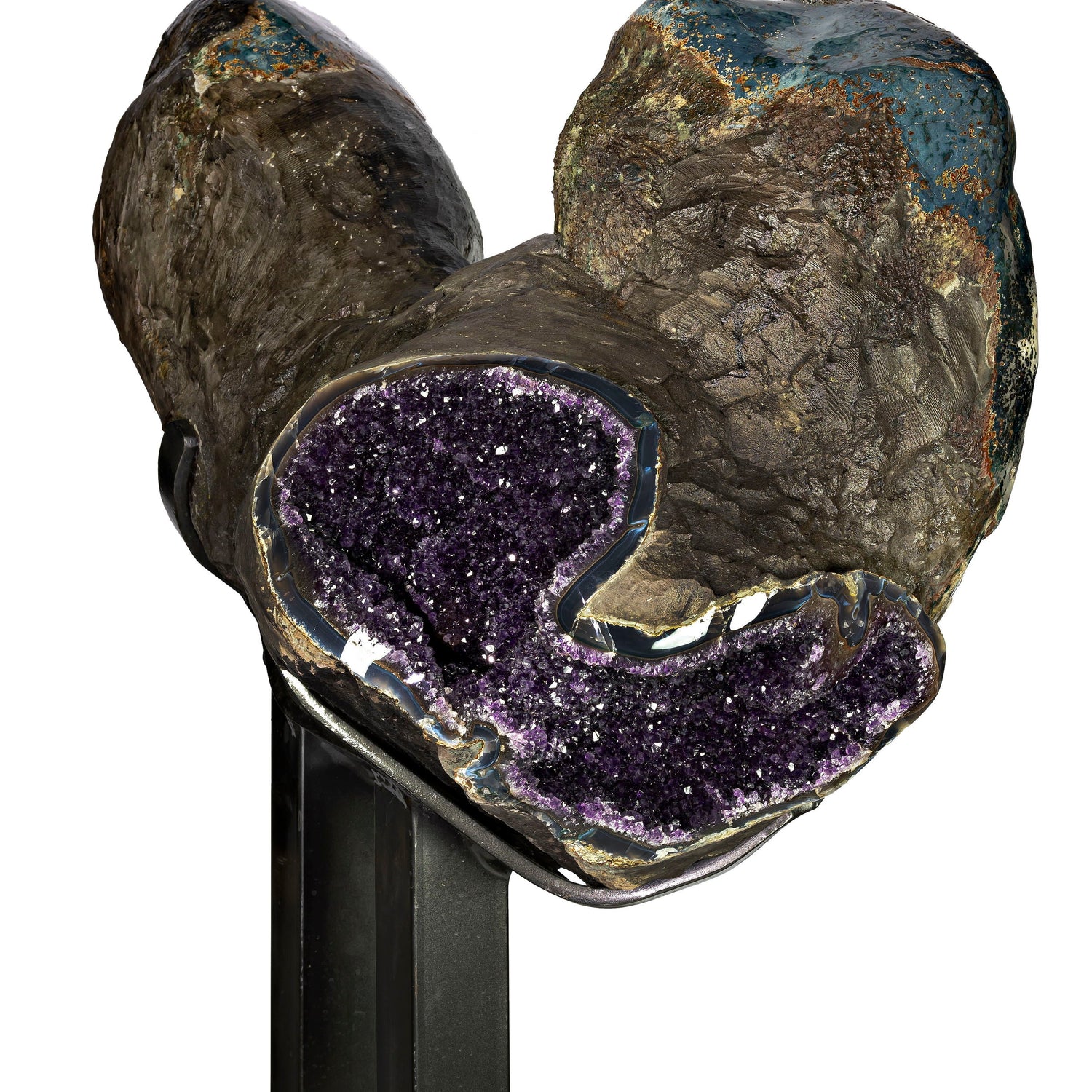 Amethyst Geode Multi-Vug with Calcite Crystal & Druze in Custom Fitted Stand