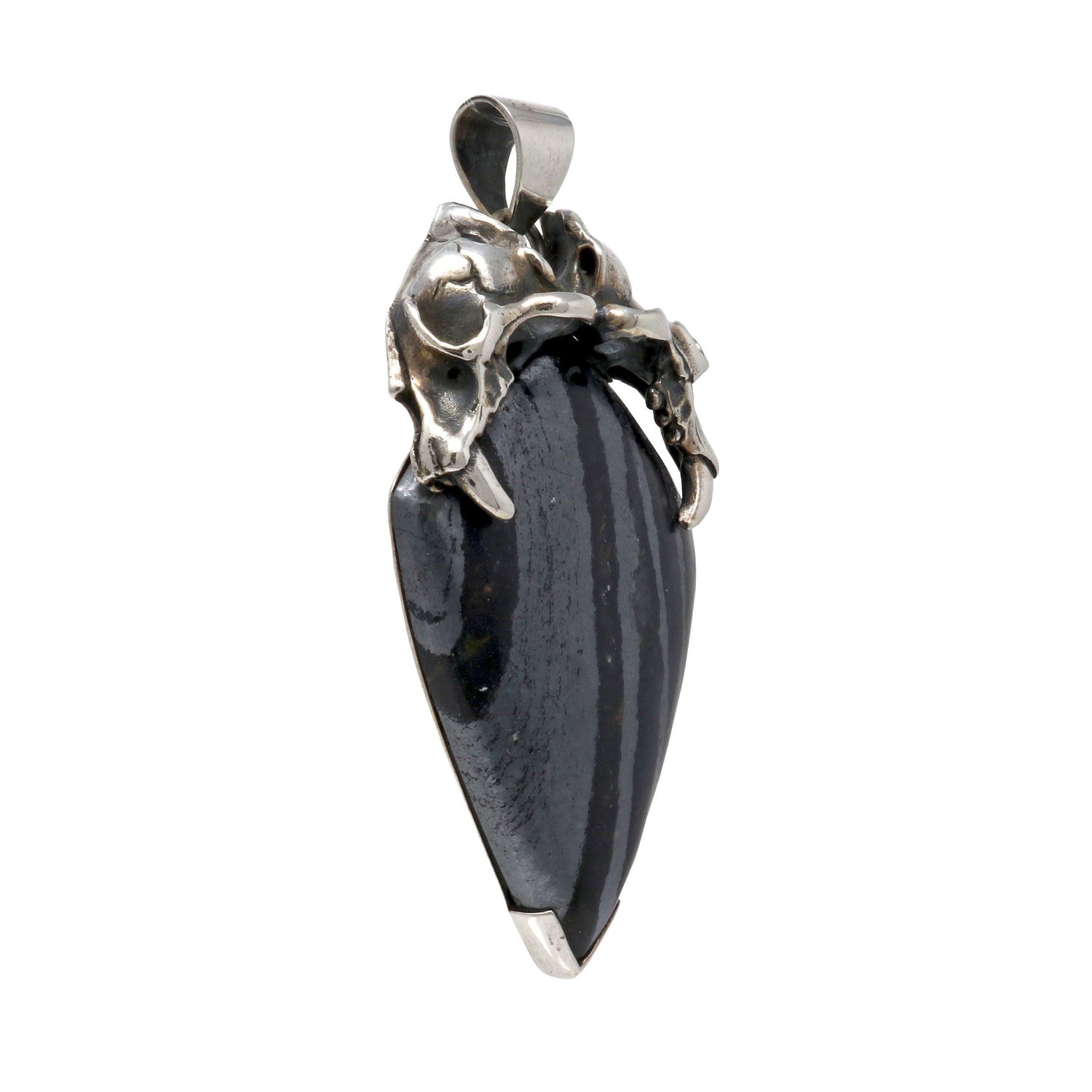 Hematite Pendant - Banded with Saber Tooth Skull Bail