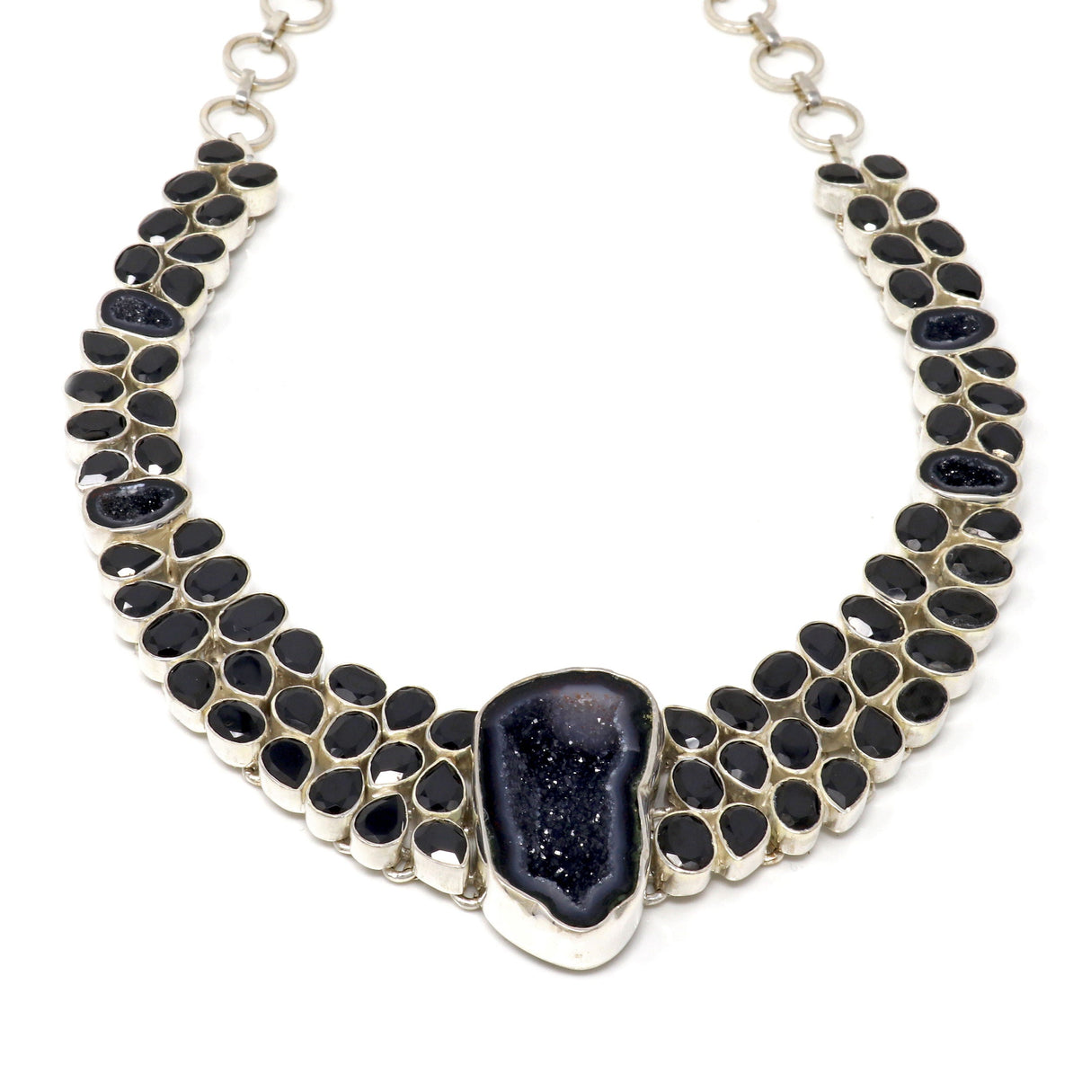 Black Spinel Necklace with Druze Geodes - Faceted Black Spinel Pears & Ovals Matrix with Black & Gray Druze Geode Centerpiece & 4 Sparkling Freeform Geodes in Matrix