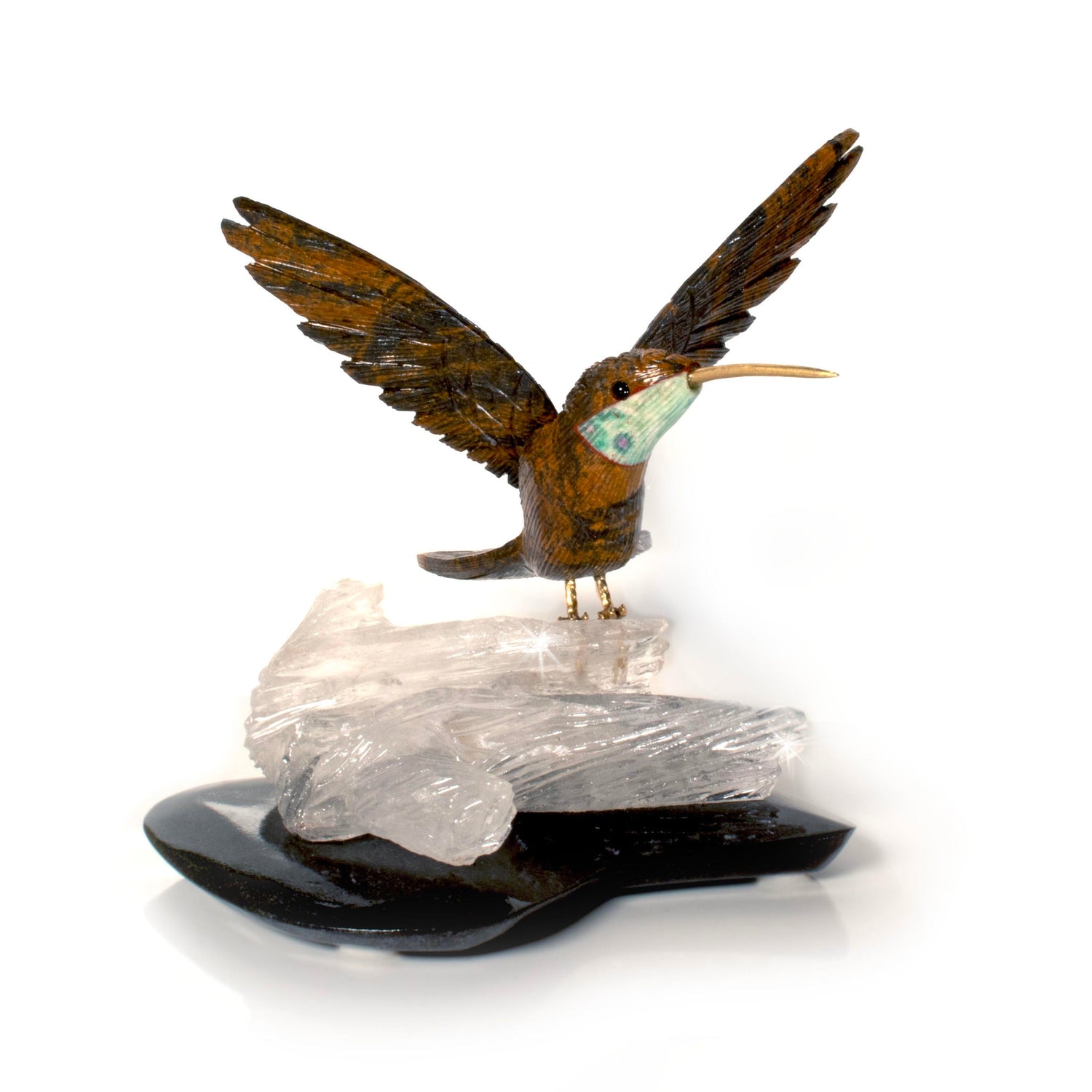 Tiger Eye Hummingbird Perchedon Carved Quartz Log Base with Black Onyx