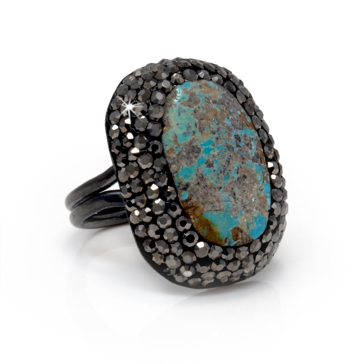 Persian Turquoise Ring - Oval with Marcasite & Adjustable Double Band - Classic Blue with Lavender