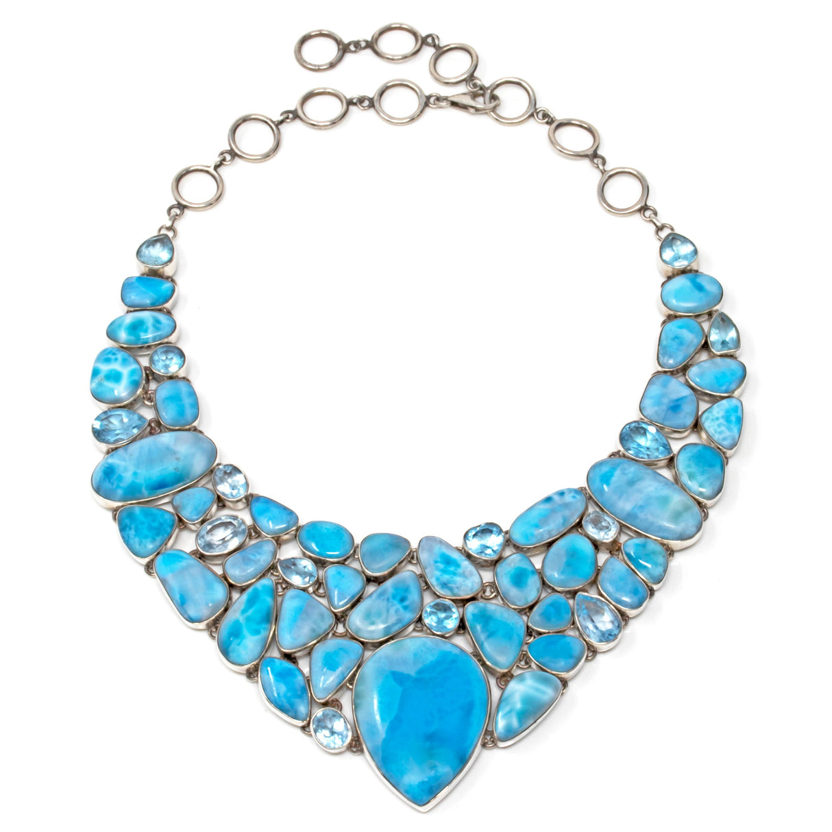 Larimar Necklace - Pear Center Stone with Blue Topaz Accents on Fluid Cagework Collar