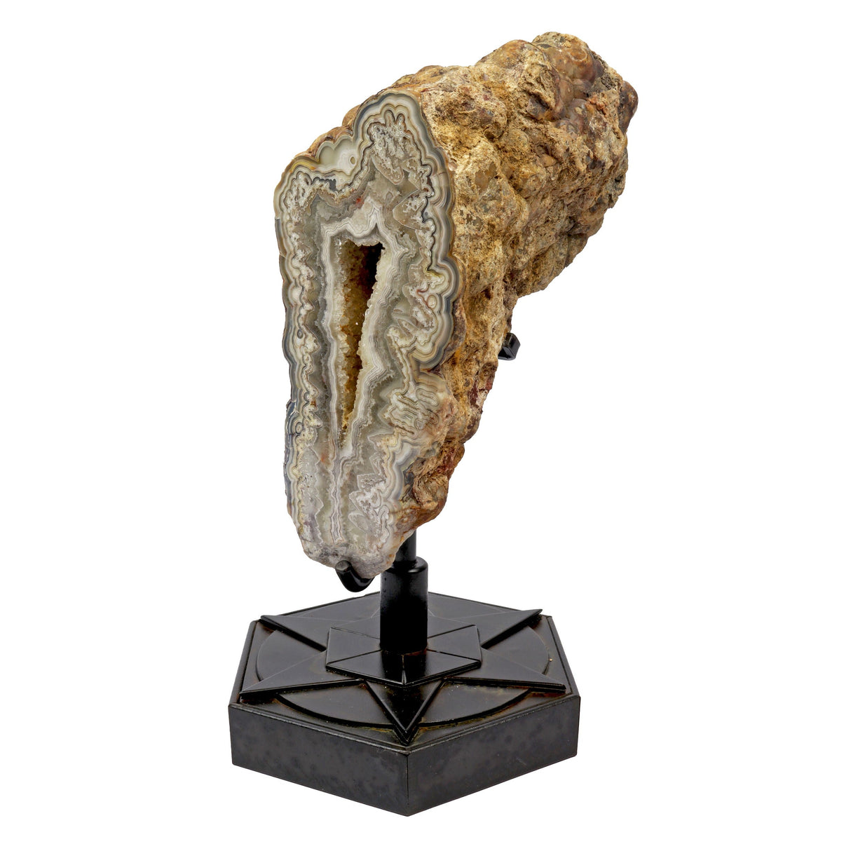 Laguna Lace Agate Geode on A Rustic Geometric Star Custom Stand