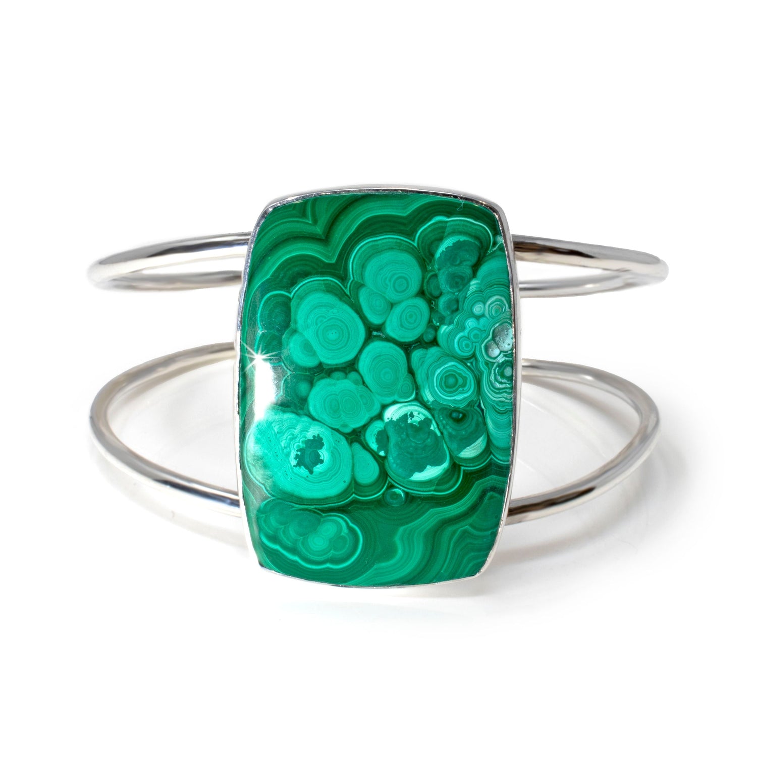 Malachite Cuff Bracelet - Tapered Rectangle Cabochon with Simple Silver Bezel on Open Double Band - Dense Cloud-like Green Banding