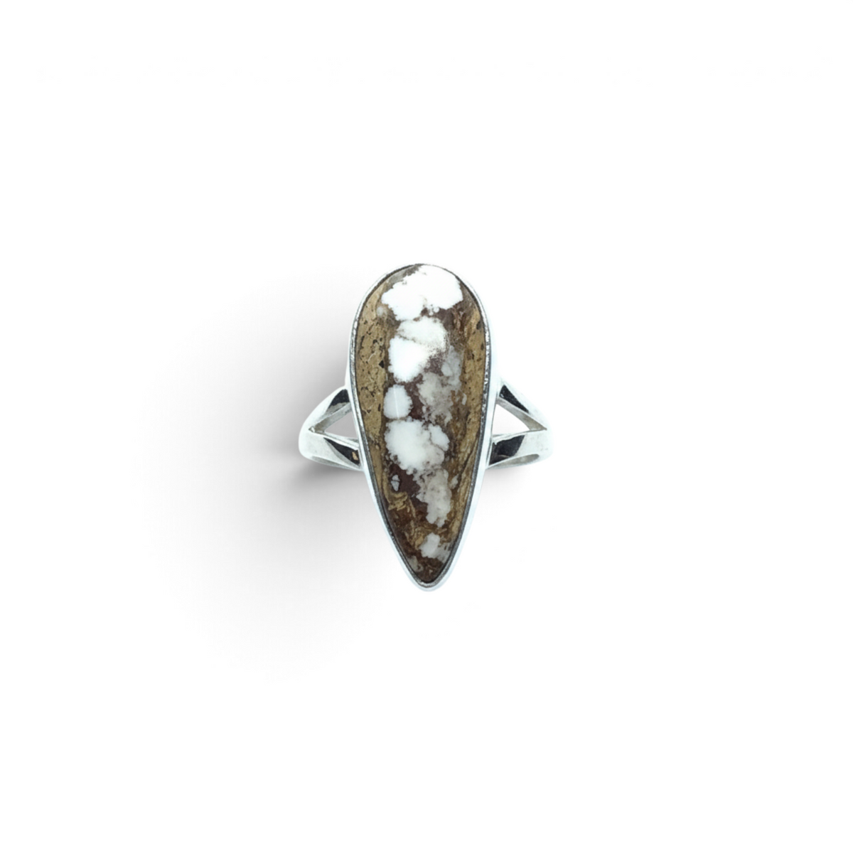 Rare Earth Gallery Howlite Wild Horse pear cabochon ring in a 925 sterling silver bezel with a cutout band