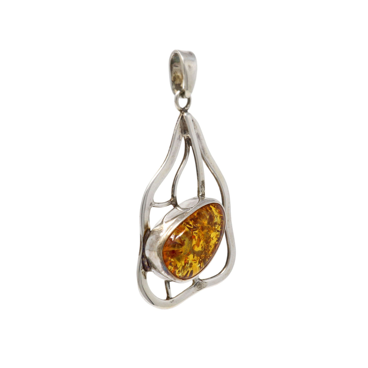 Cognac Amber Pendant - Freeform on Open Geometric Silver Bezel