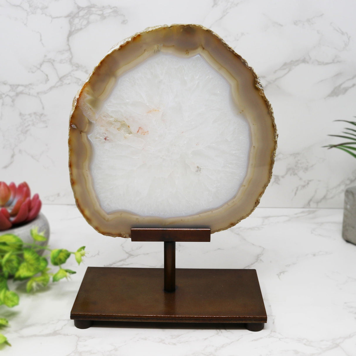 Agate Slice with Quartz Center in Custom Patina on Post Stand