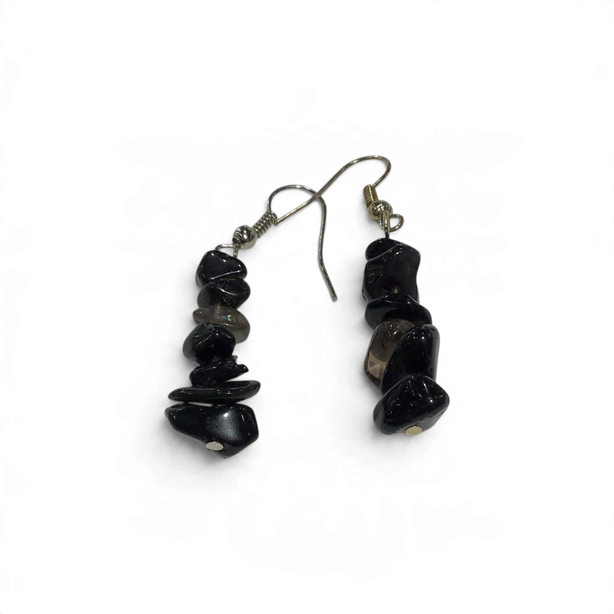 Black onyx chip bead dangle earrings on silver ear wires