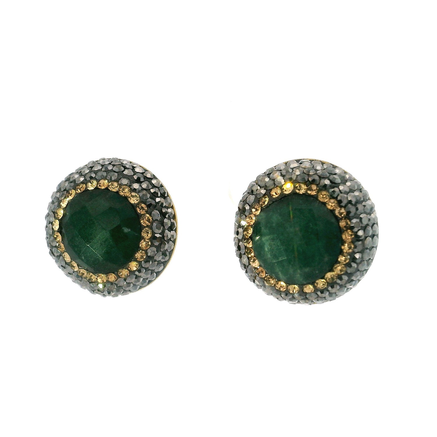 Emerald Clip Earrings - Faceted Round with Marcasite & Gold Swarovski Crystals with Gold Vermeil in 925 Sterling Silver