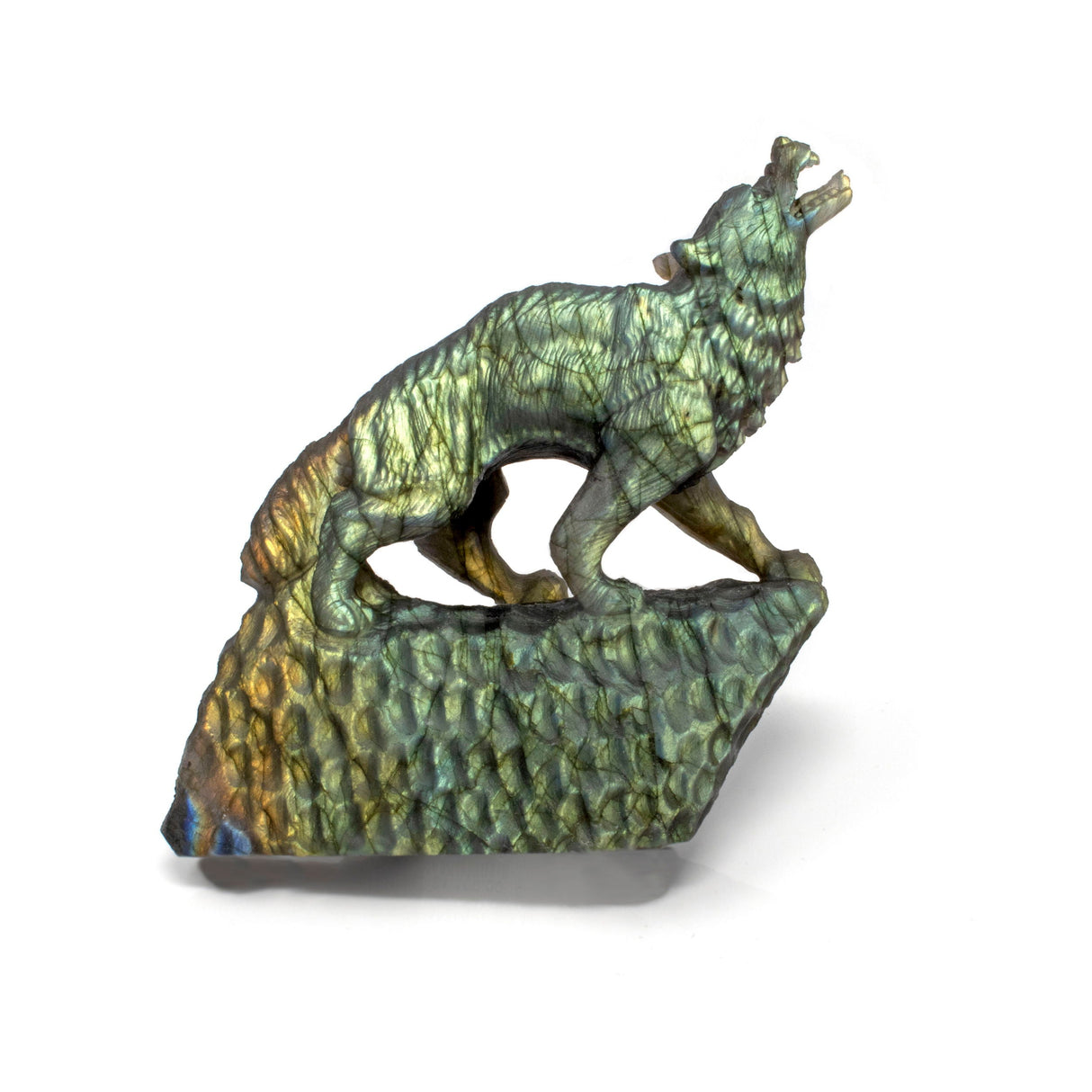 Labradorite Carving - Wolf with Howling Posture with Rainbow Flash