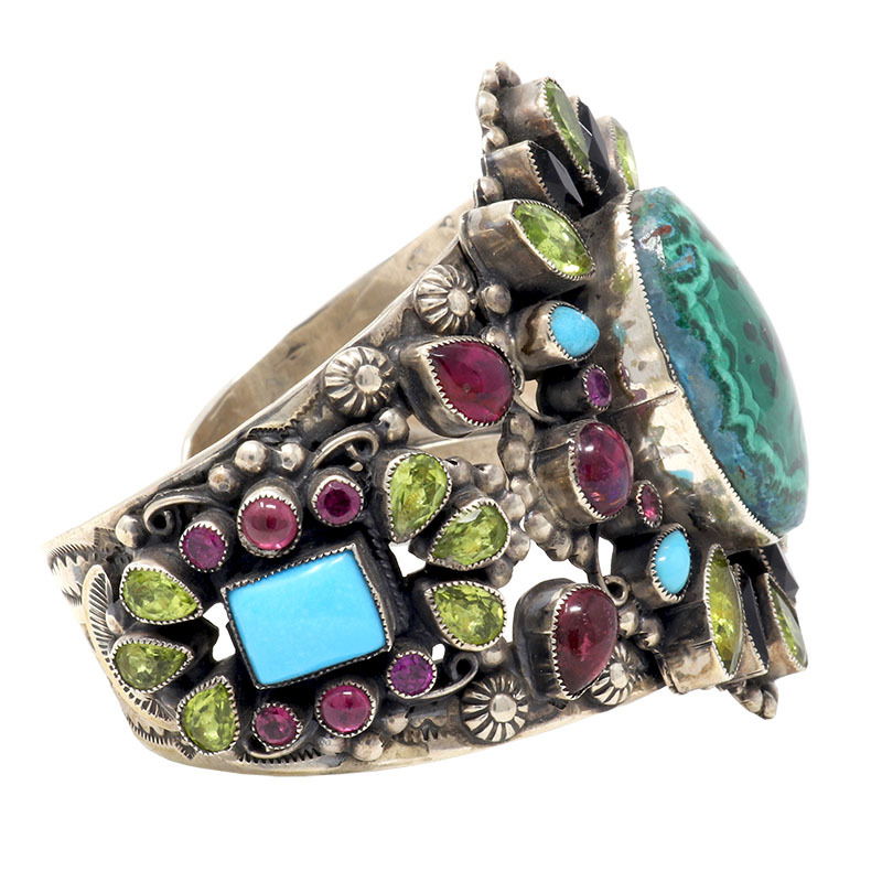 Leo Feeney Malachite & Chrysocolla Cuff Bracelet with Peridot, Pink Tourmaline, Sleeping Beauty Turquoise, Garnet & Black Onyx