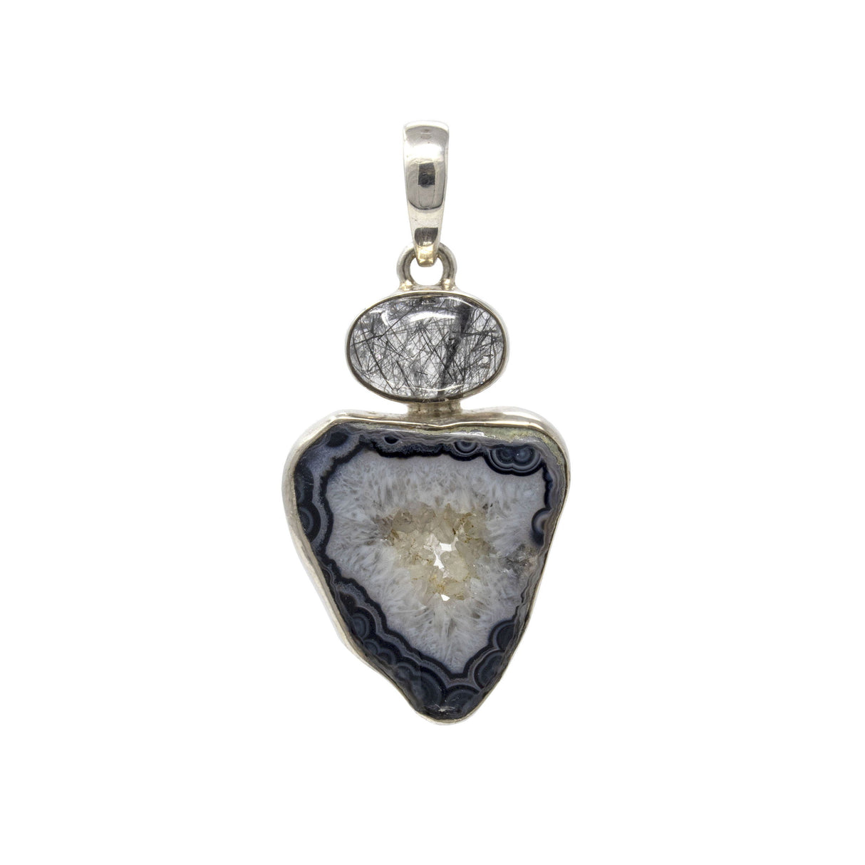 Black with White & Gray Agate Geode Pendant with Black Tourmalated Quartz Oval on Top