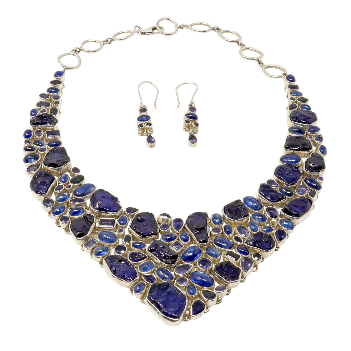 Blue Sapphire Nuggets with Kyanite & Faceted Iolite Set - Necklace with Dangle Earrings