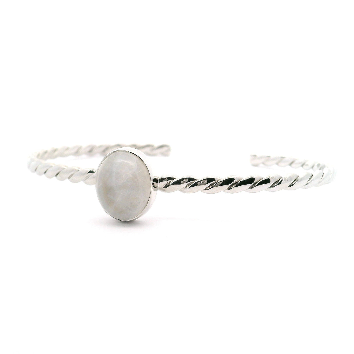 Bracelet manchette en pierre de lune arc-en-ciel - Cabochon ovale serti clos sur un jonc torsadé en argent sterling 925