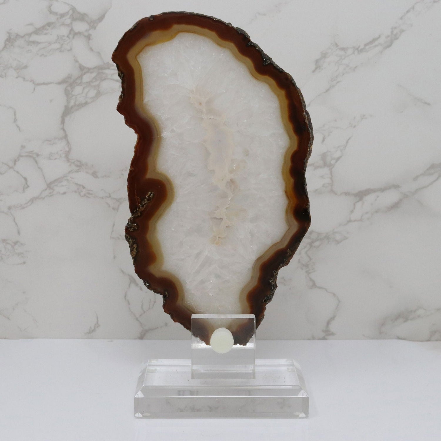 Agate Slice on Screw Stand - Carnelian Exterior Band & Quartz with Off-White Center & Double-Sided Polish