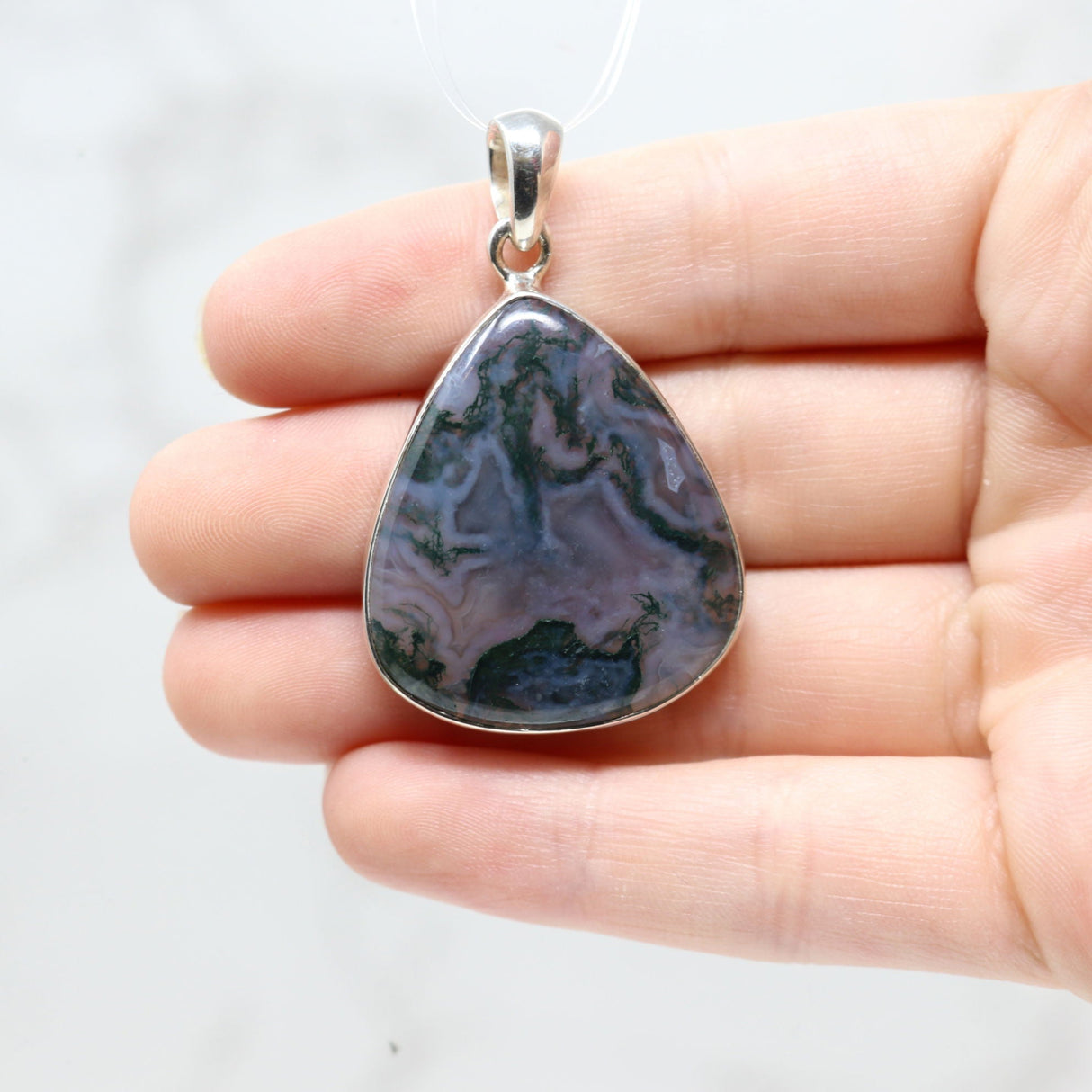 Moss Agate Pendant - Wide Pear Cabochon with Simple 925 Sterling Silver Bezel