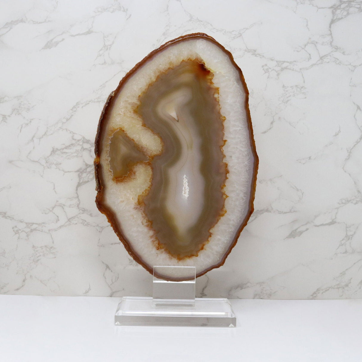 Agate Druze Slice on Screw Stand - Carnelian & Quartz Multi Banded with Mini White Druze Pocket in Center & Double-Sided Polish