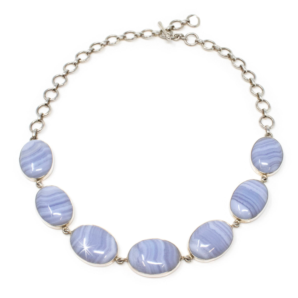 Blue Lace Agate Necklace - 7 Simple Oval Cabochons with Silver Bezels