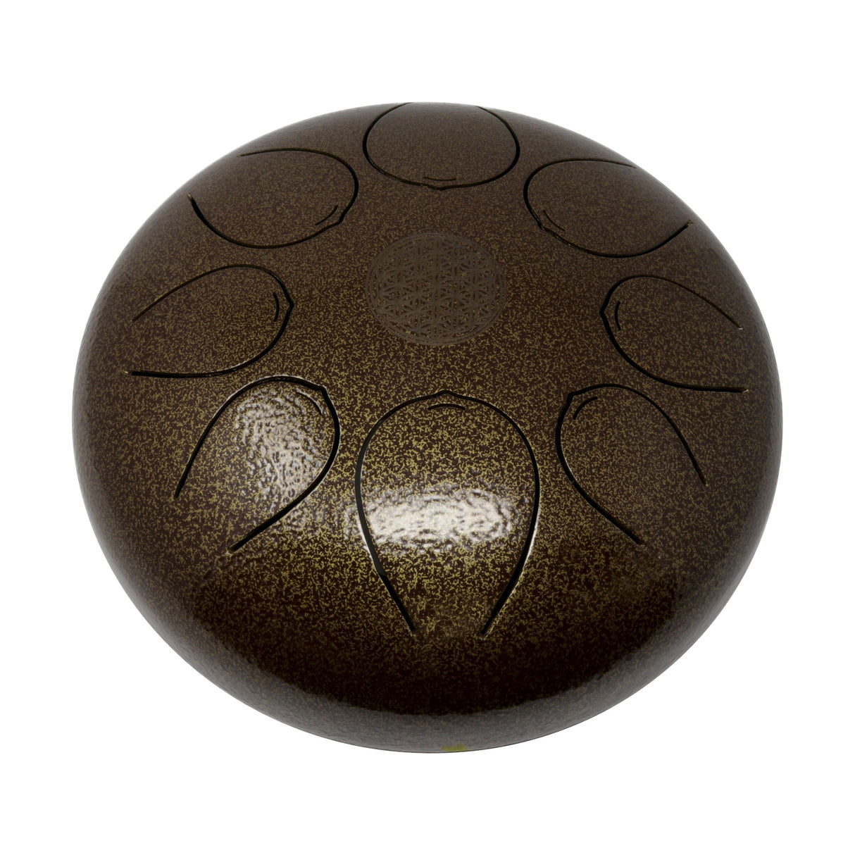 25cm brown steel tongue drum, top view showing Flower of Life center and eight tongues