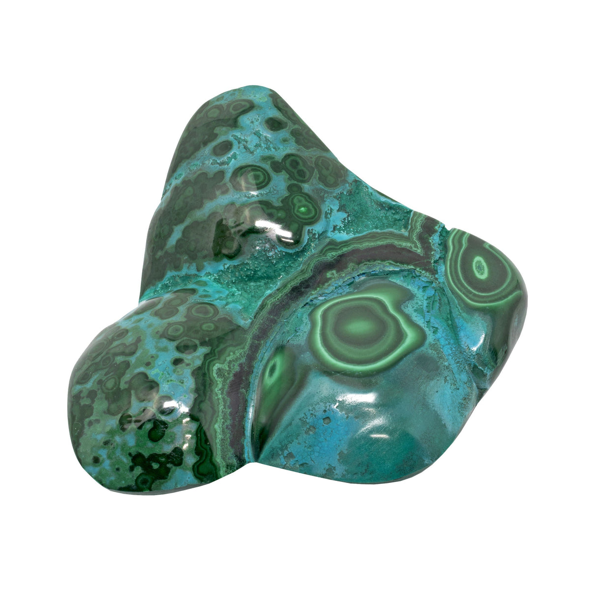 Chrysocolla Malachite Freeform Polished - 3 Indentations on the Face with Green Banding on Lucite Stand