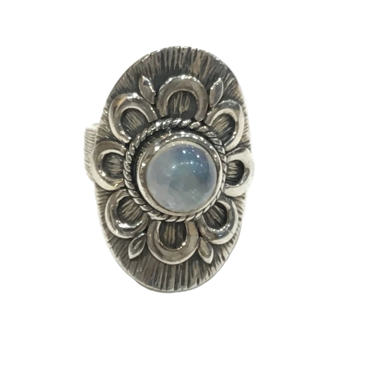 Rainbow Moonstone Ring -Round On Flower Design Saddle Band Sz7