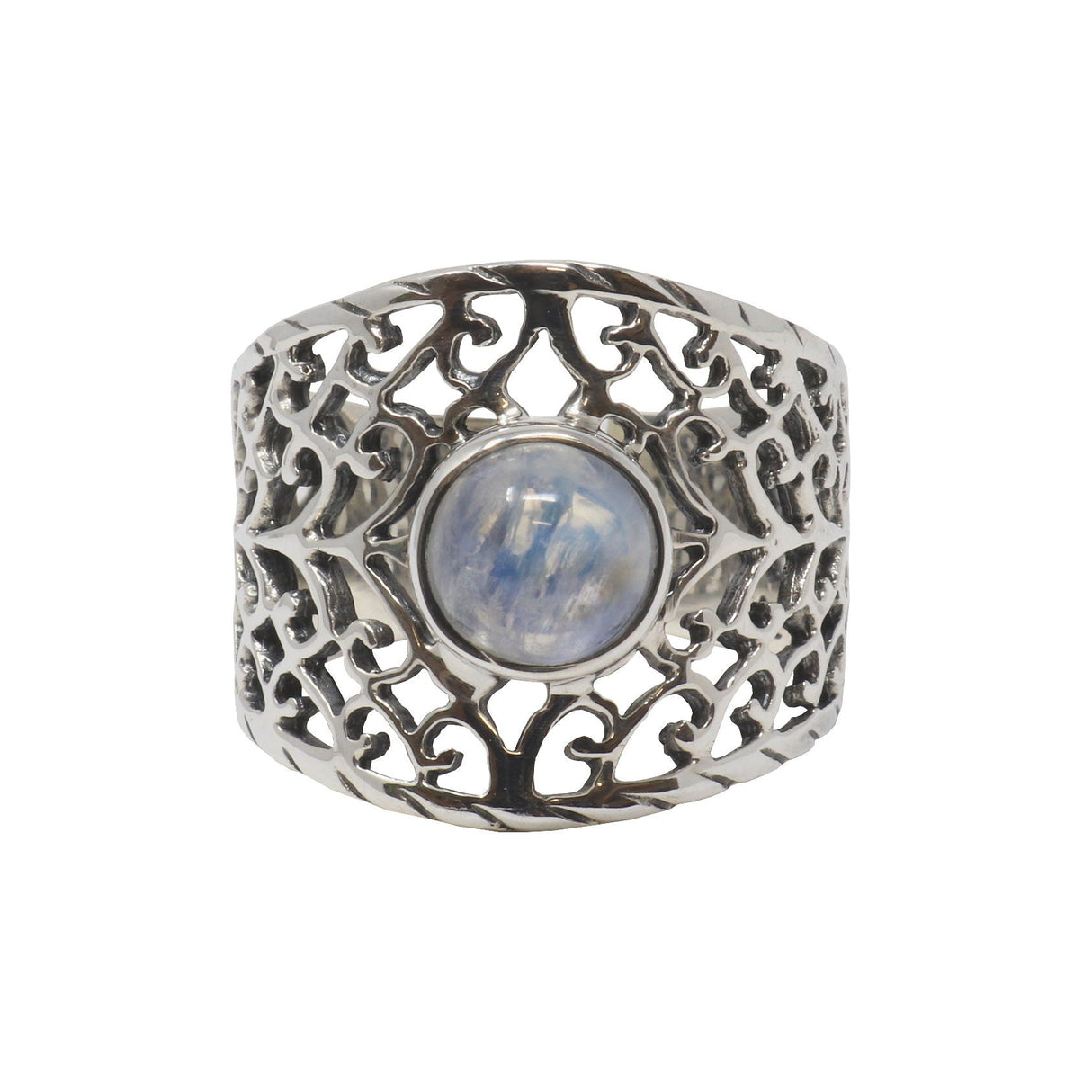 Rainbow Moonstone Ring Size 9 - Bezel Set Round on Wide Band with Open Filigree Design