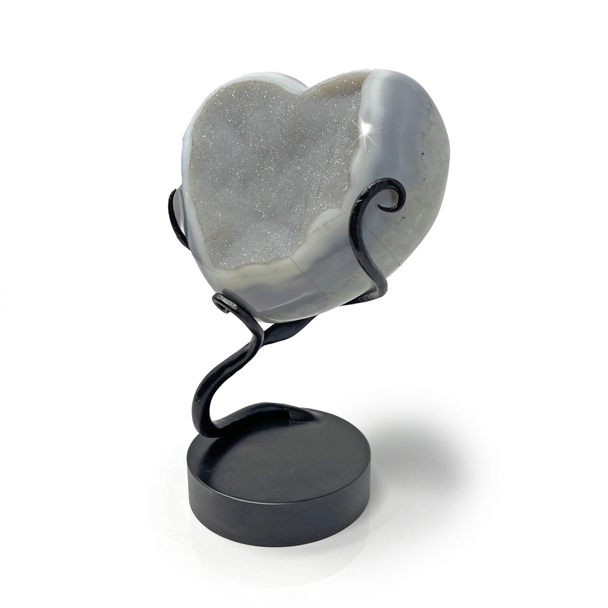 Agate Druze Heart on Custom Stand - Soft Gray Druze with Cream & Grays