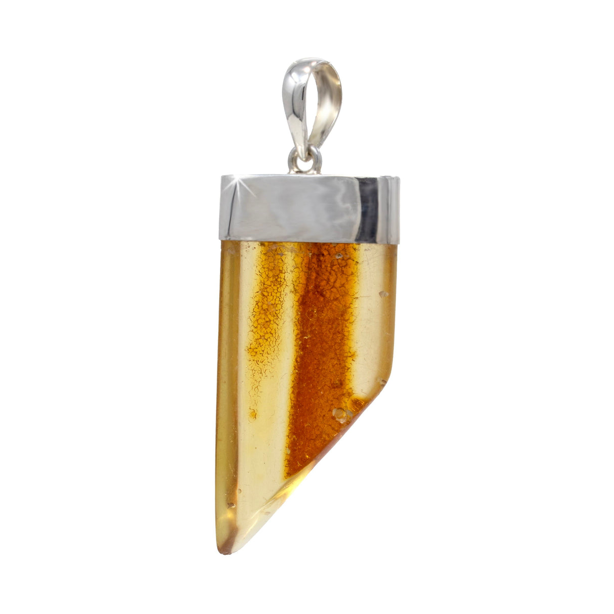Amber Pendant - Natural Amber Tapered Freeform with Silver Lantern Top Bezel - Semi-translucent Honey Color with Cognac Colored Honeycomb Texture Vein