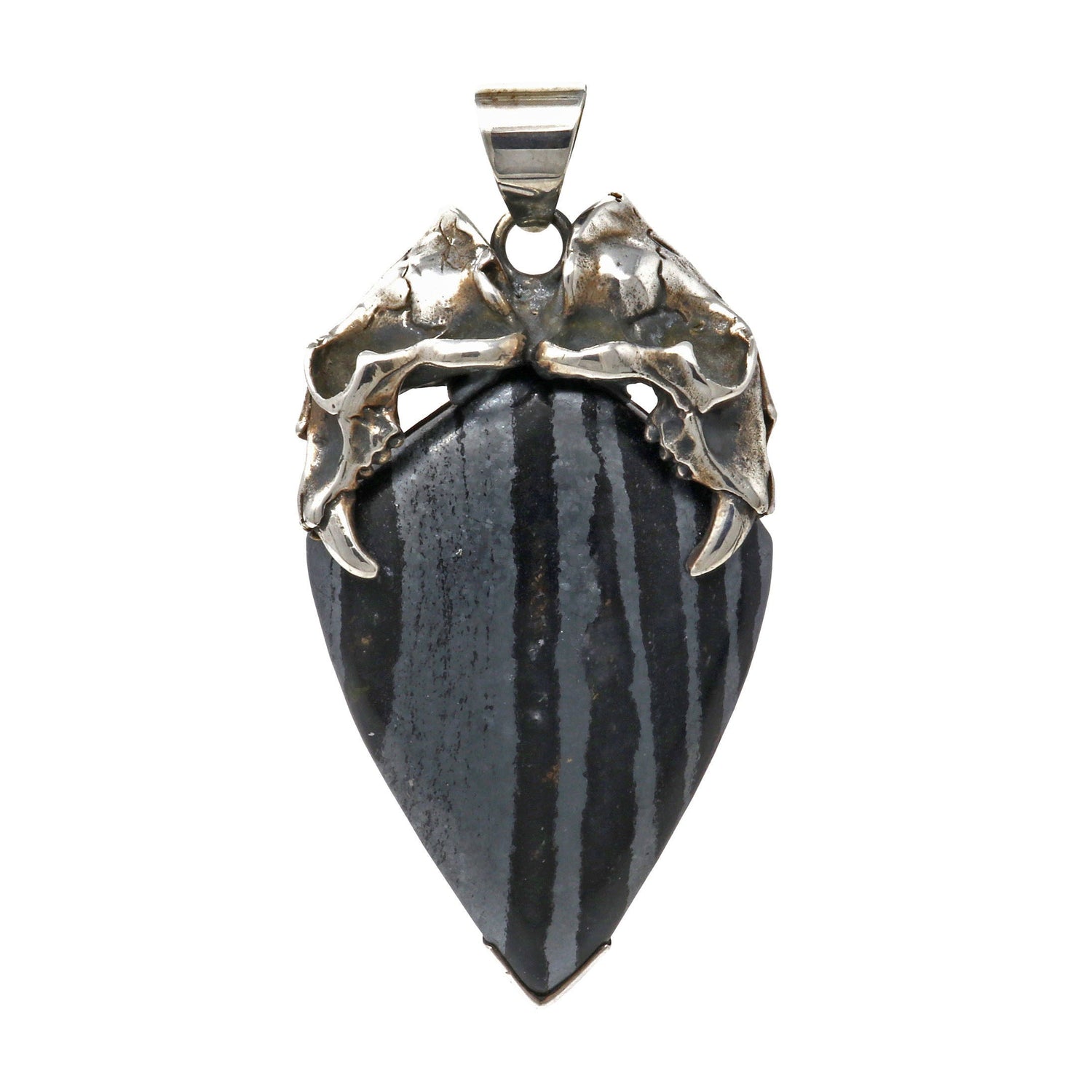 Hematite Pendant - Banded with Saber Tooth Skull Bail