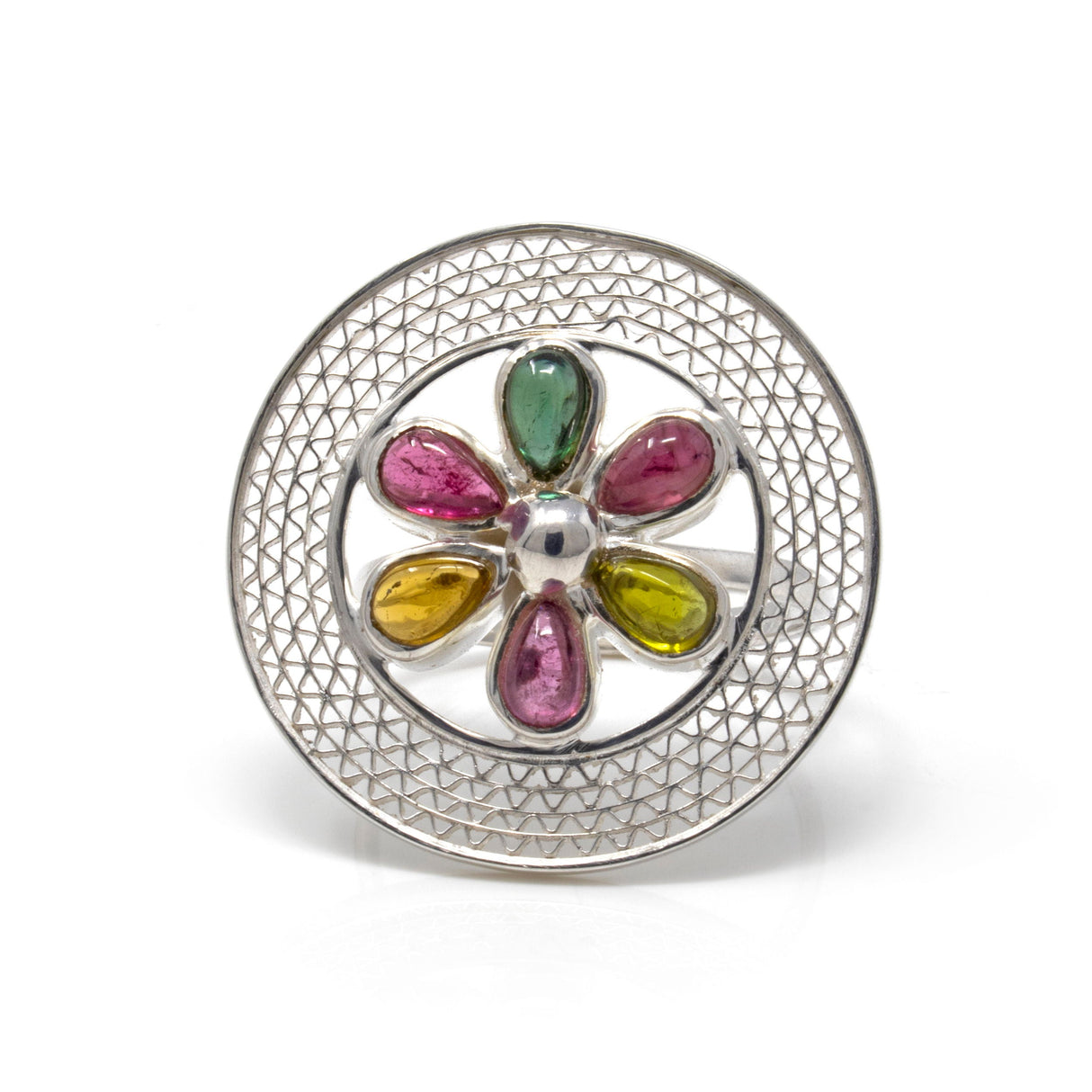 Multi Tourmaline Flower Ring - 6 Pear Cabochon Petals Set in Center Of Silver Mesh Open Circle Sz7