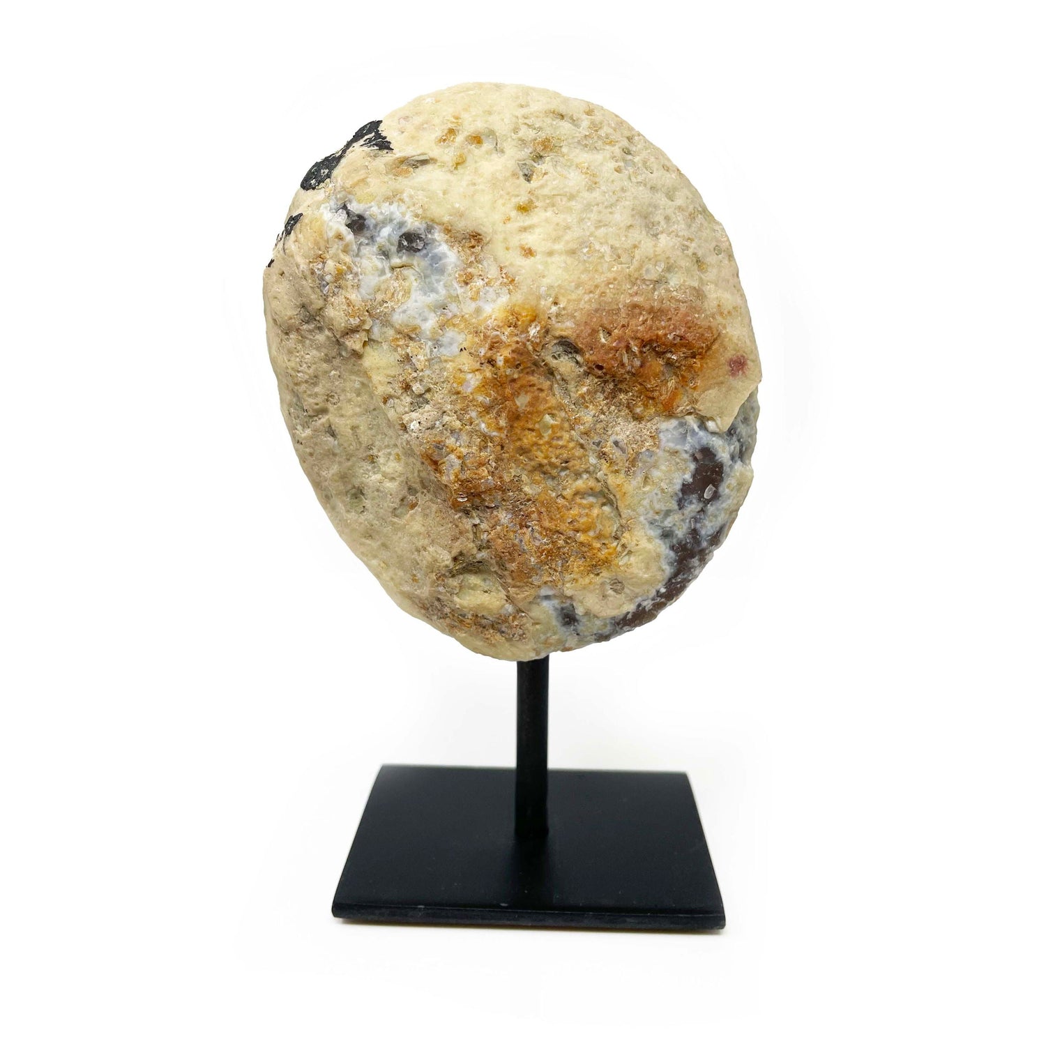 Druze Geode on Post Stand - White Agate with Gray Banding and Druze Center with Black Flakes