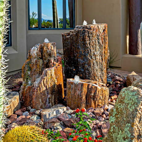 Petrified wood outdoor fountains in an Arizona garden setting