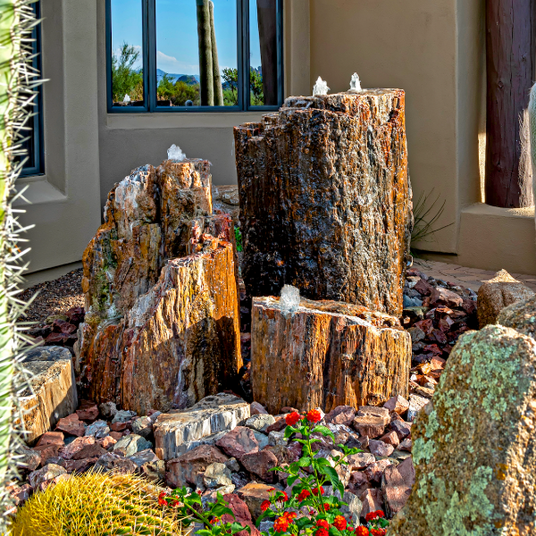Petrified wood outdoor fountains in an Arizona garden setting