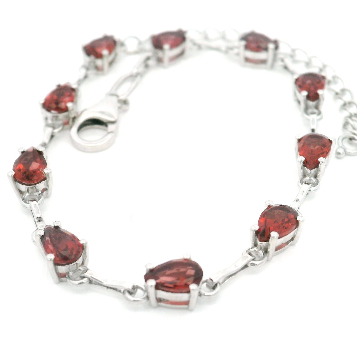Faceted Garnet Teardrop Link Bracelet Prong Set in Rhodium Vermeil Sterling Silver & Figure 8 Links