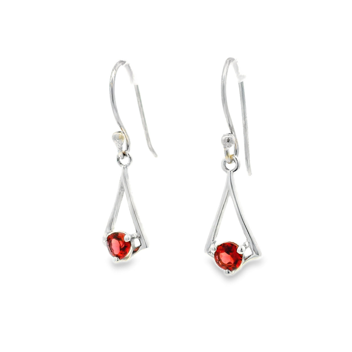 Garnet Dangle Earrings Round Faceted Prong Set on Open Tapered 925 Sterling Silver Kite