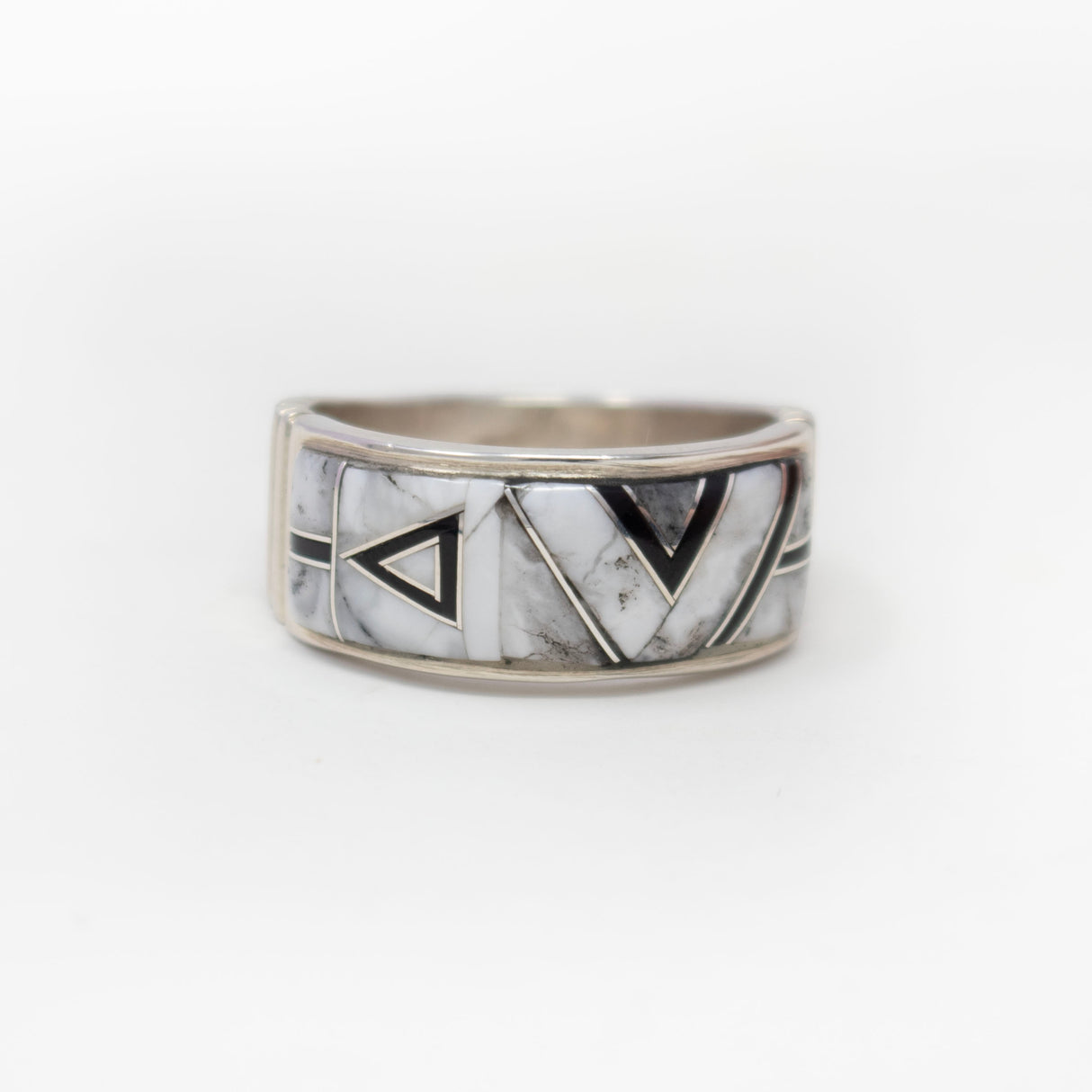 Howlite (White Buffalo) Inlay Ring With Black Onyx Inlay In Triangular Patterns & 925 Sterling Silver Channeling On Stamped Band Size 10
