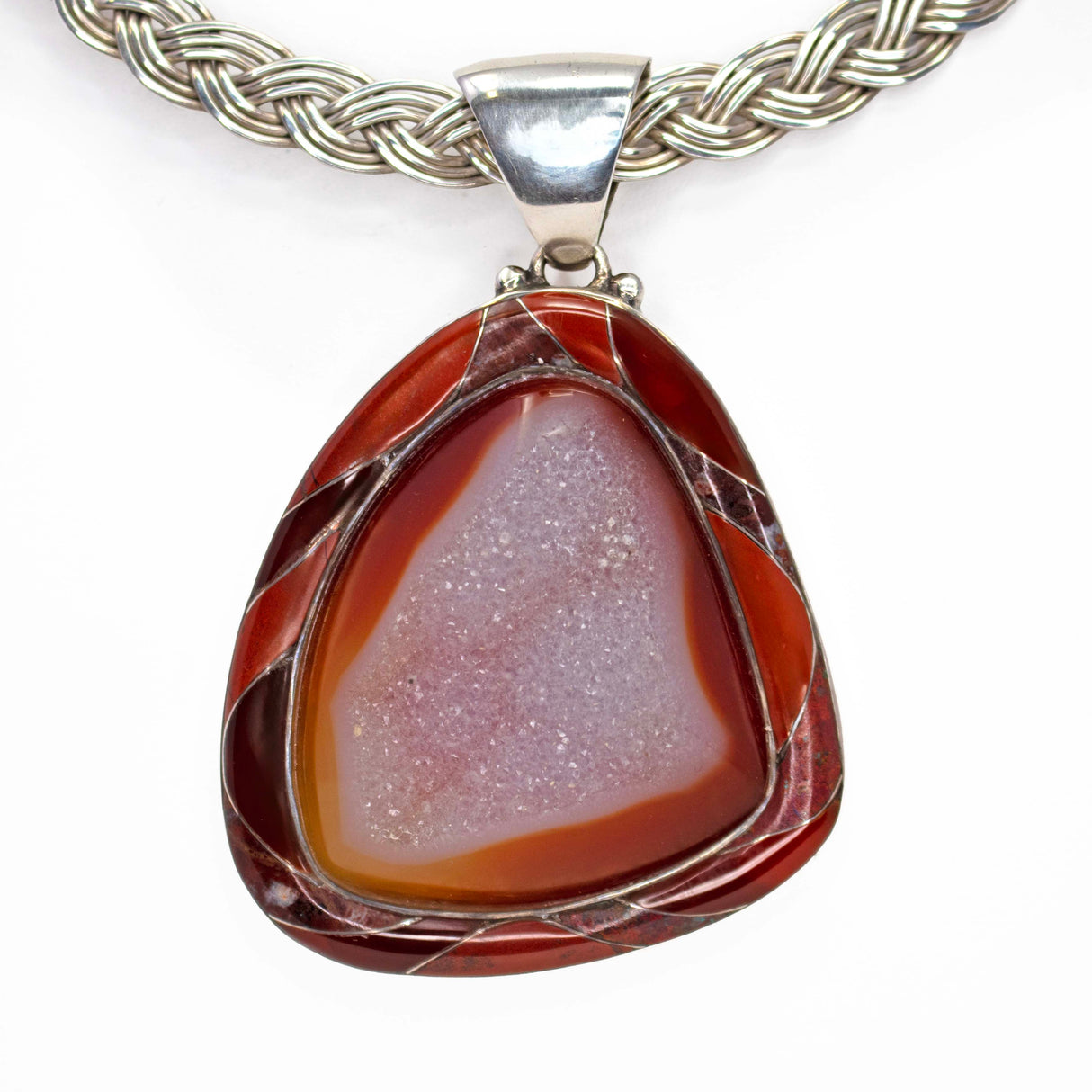 Natural Quartz Druze Pendant With Carnelian & Jasper Inlay Bezel