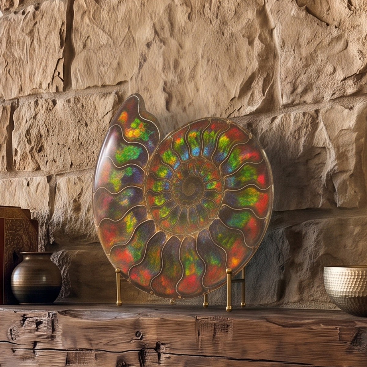 Fossile d'ammonite coupé, incrusté de gemme ammolite