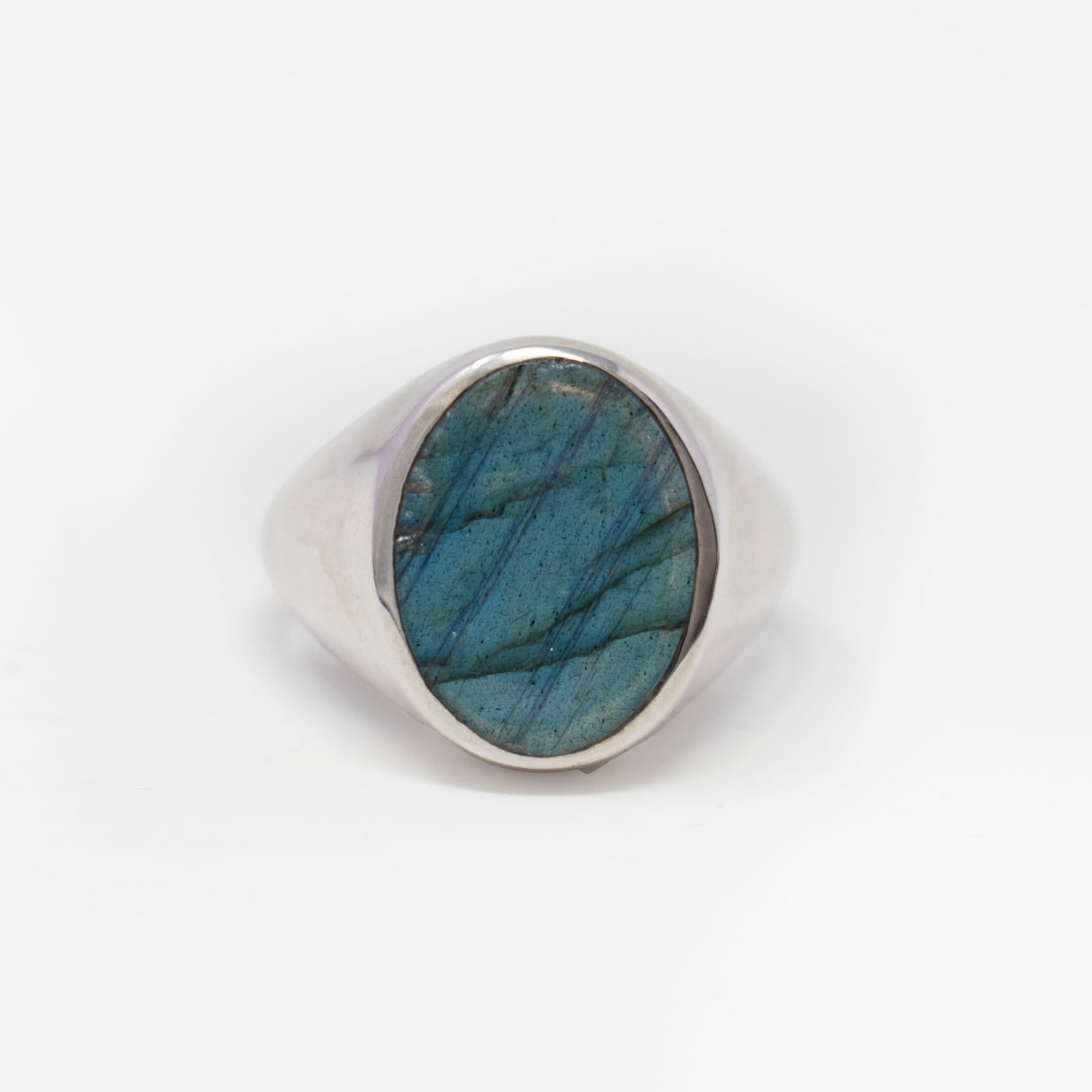 Labradorite Ring - Flat Cut Oval Set on 925 Sterling Silver Signet Ring Size 11