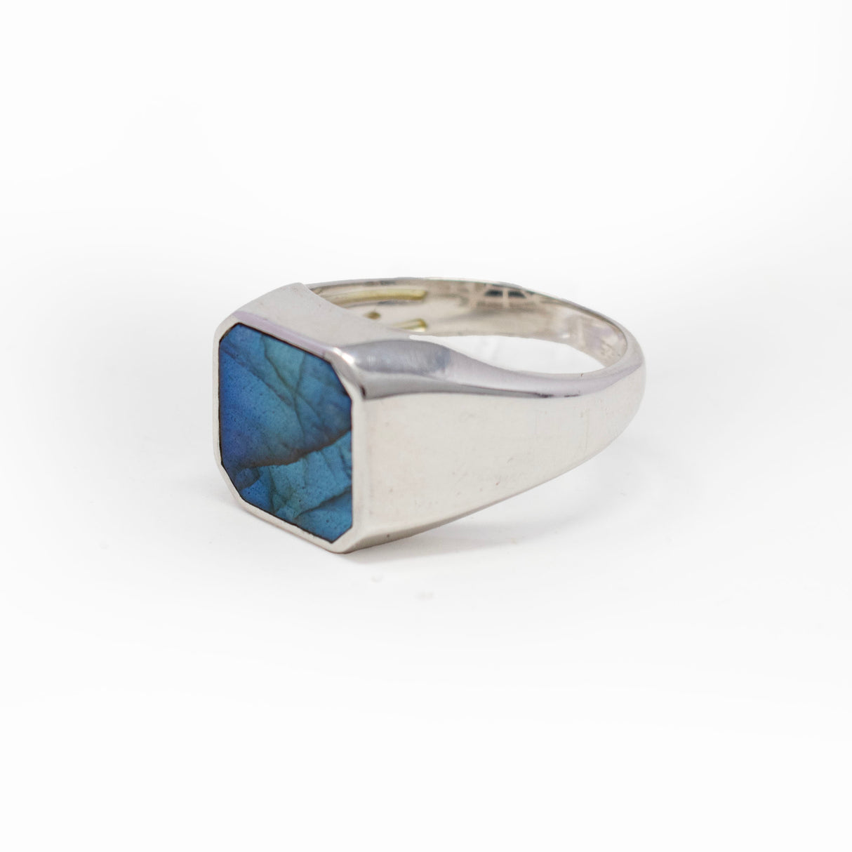 Labradorite Signet Ring - Flat Cut Square Bezel Set in 925 Sterling Silver - Size 11