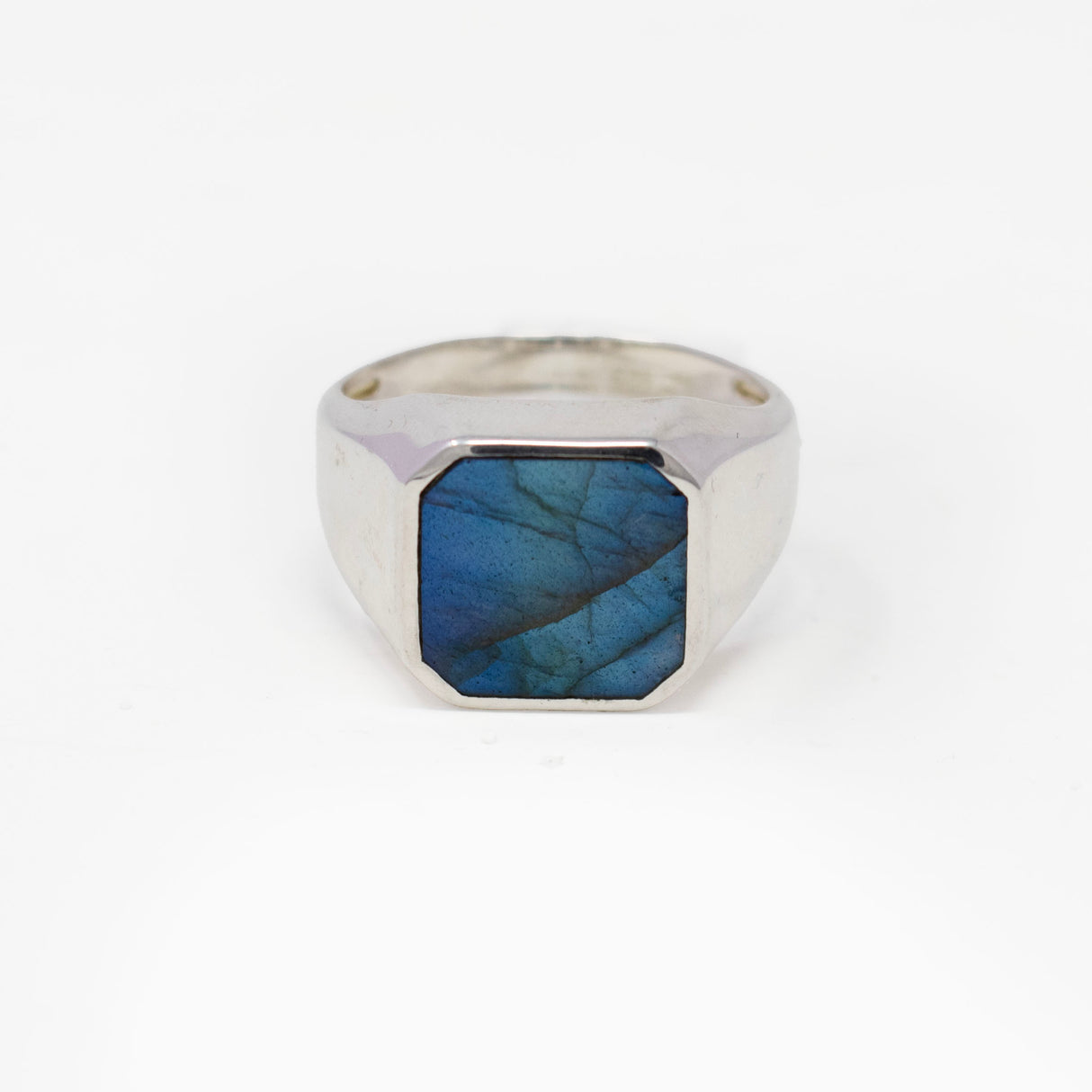 Labradorite Signet Ring - Flat Cut Square Bezel Set in 925 Sterling Silver - Size 11