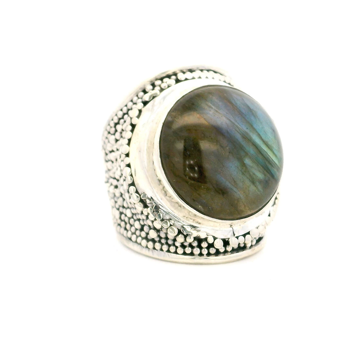 Labradorite Ring - Round Cabochon Bezel Set Wide Bead Textured Band Set in 925 Sterling Silver