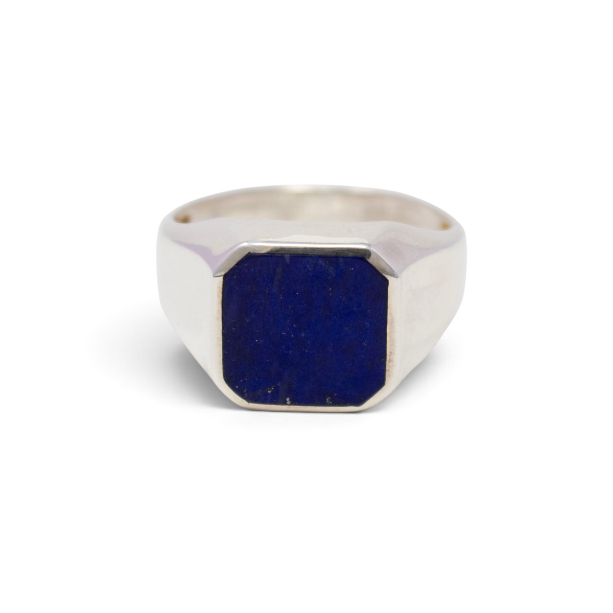 Lapis lazuli signet ring, deep blue octagonal flat-cut stone on a polished 925 sterling silver band